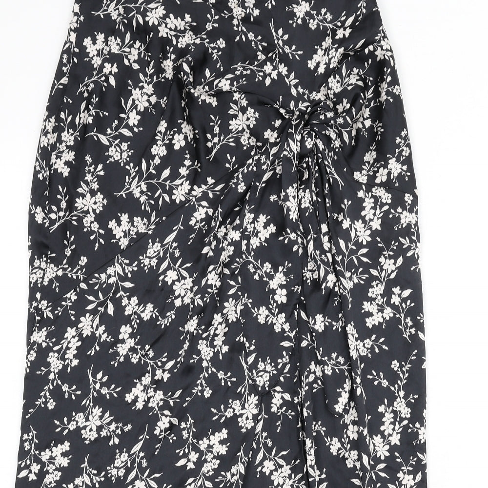 Zara Womens Black Floral Polyester A-Line Skirt Size S Zip - Knot Front, Slit