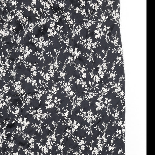 Zara Womens Black Floral Polyester A-Line Skirt Size S Zip - Knot Front, Slit