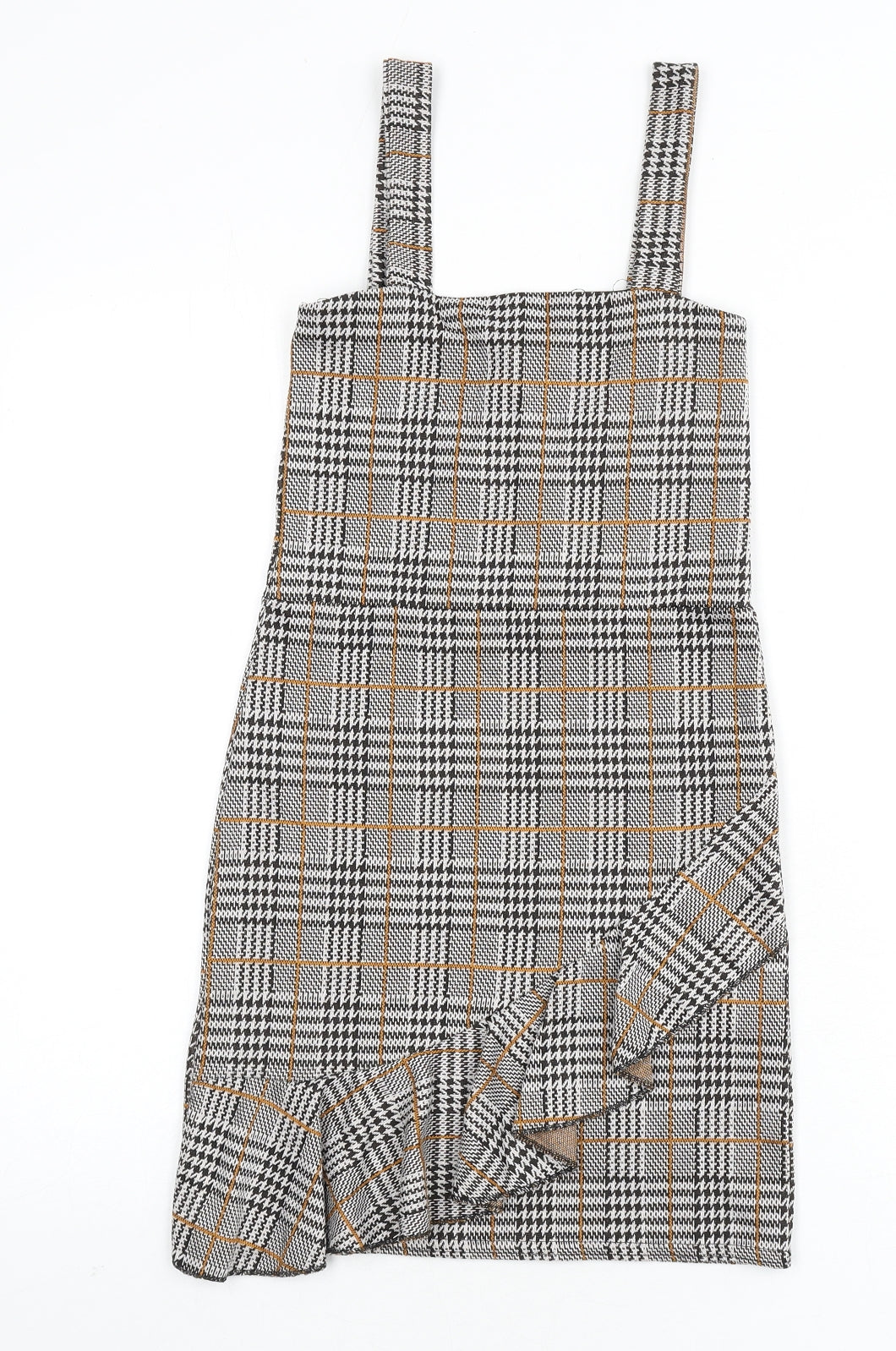 Quiz Womens Multicoloured Plaid Polyester Pinafore/Dungaree Dress Size 6 Square Neck Pullover - Ruffle Detail, Houndstooth