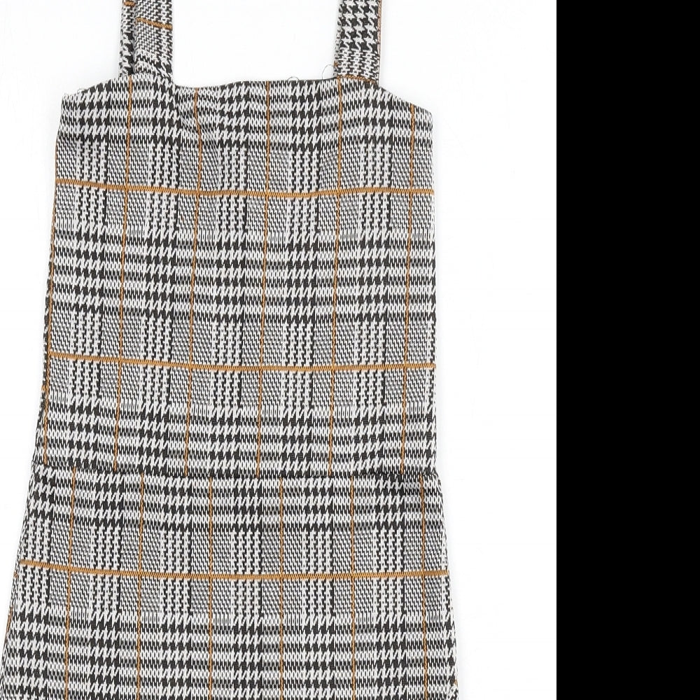 Quiz Womens Multicoloured Plaid Polyester Pinafore/Dungaree Dress Size 6 Square Neck Pullover - Ruffle Detail, Houndstooth