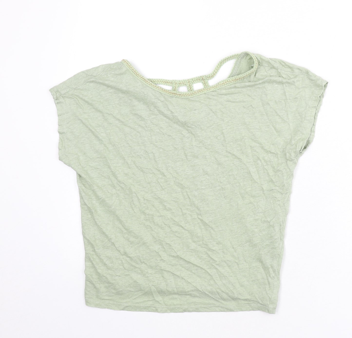 Monsoon Womens Green Linen Basic T-Shirt Size M Round Neck - Rope Detail