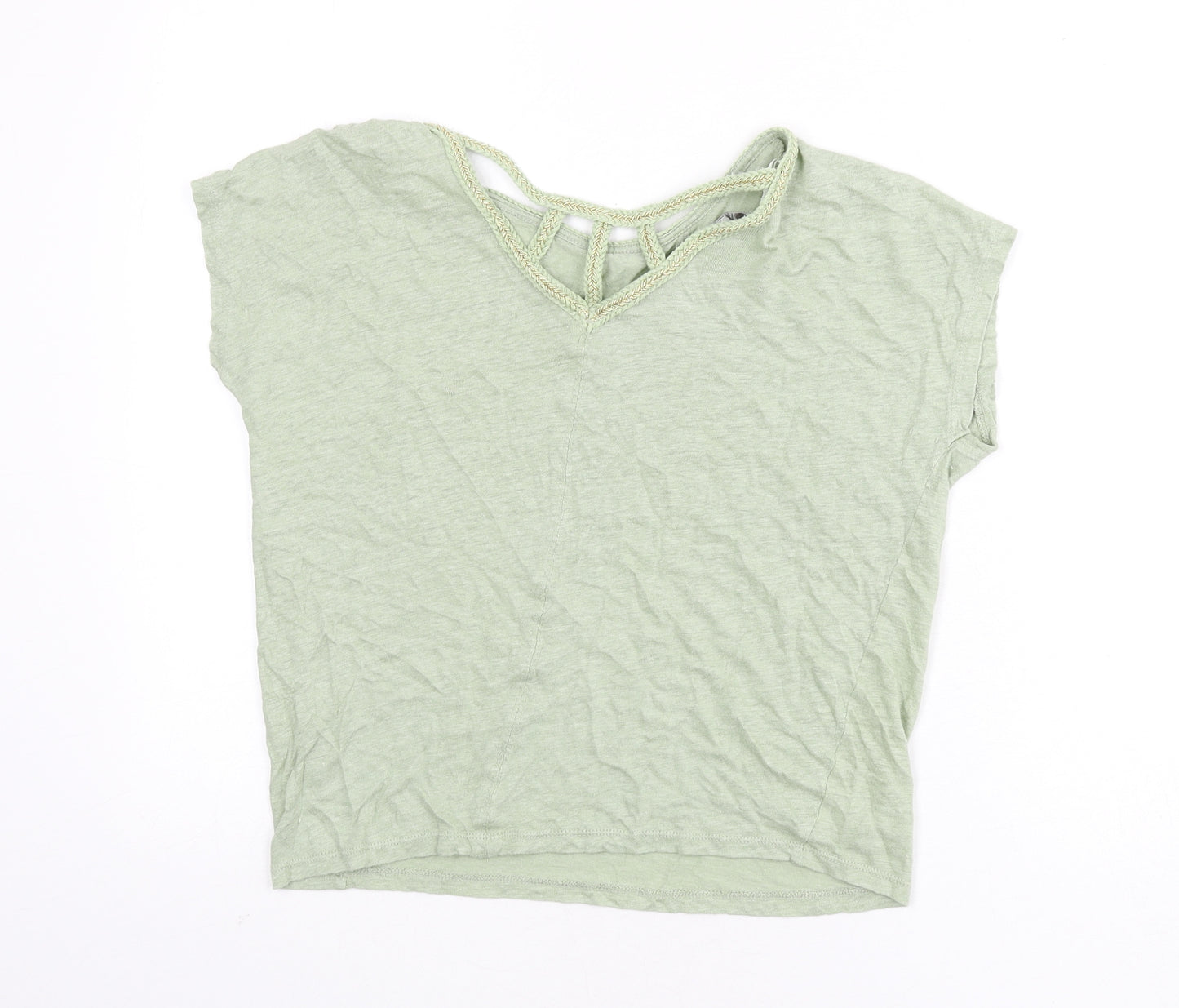 Monsoon Womens Green Linen Basic T-Shirt Size M Round Neck - Rope Detail