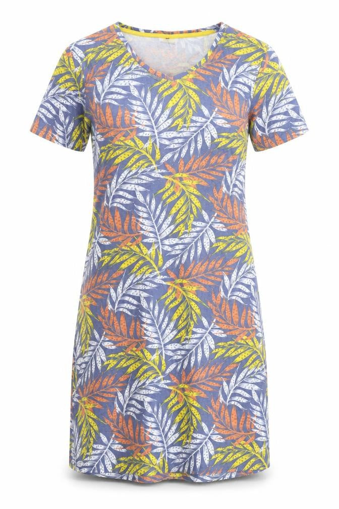 Front view of Damart women’s multicoloured geometric cotton sheath, size M, v-neck pullover - leaf print