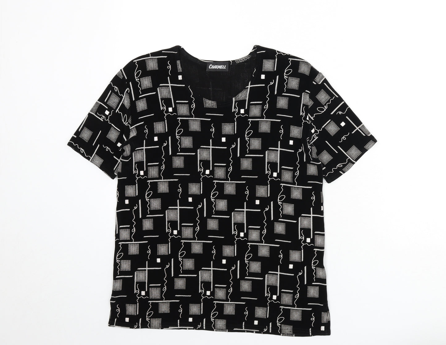 Charmell Womens Black Geometric Acetate Basic T-Shirt Size M Round Neck