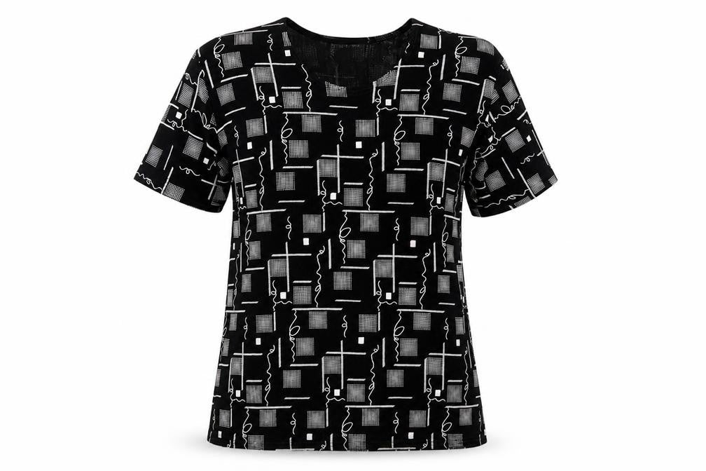 Front view of Charmell women’s black geometric acetate basic t-shirt, size M, round neck