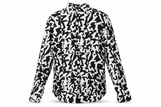 Front view of H&M men’s black geometric cotton button-up, size M, collared button