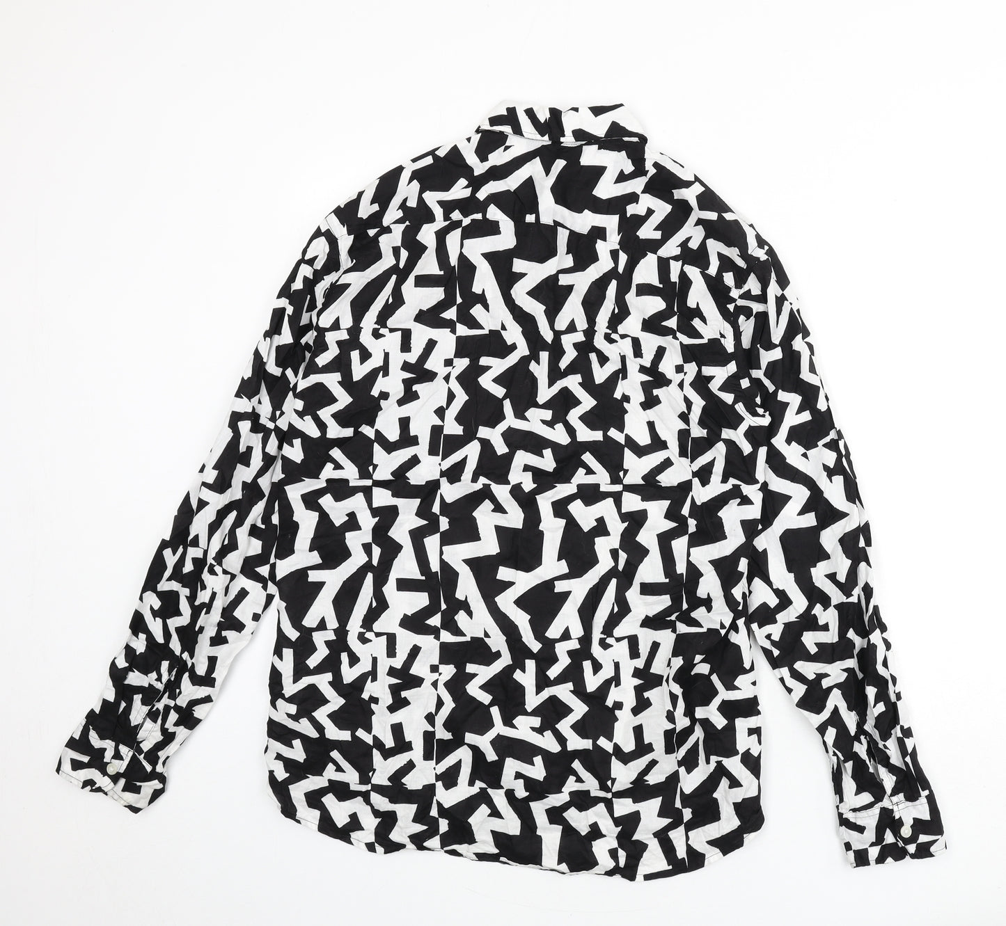 H&M Mens Black Geometric Cotton Button-Up Size M Collared Button