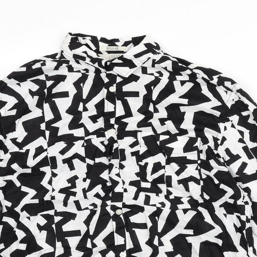 H&M Mens Black Geometric Cotton Button-Up Size M Collared Button