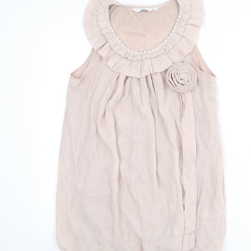 New Look Womens Pink Polyester Mini Size 12 Scoop Neck Pullover - Ruffles, Flower, Beads