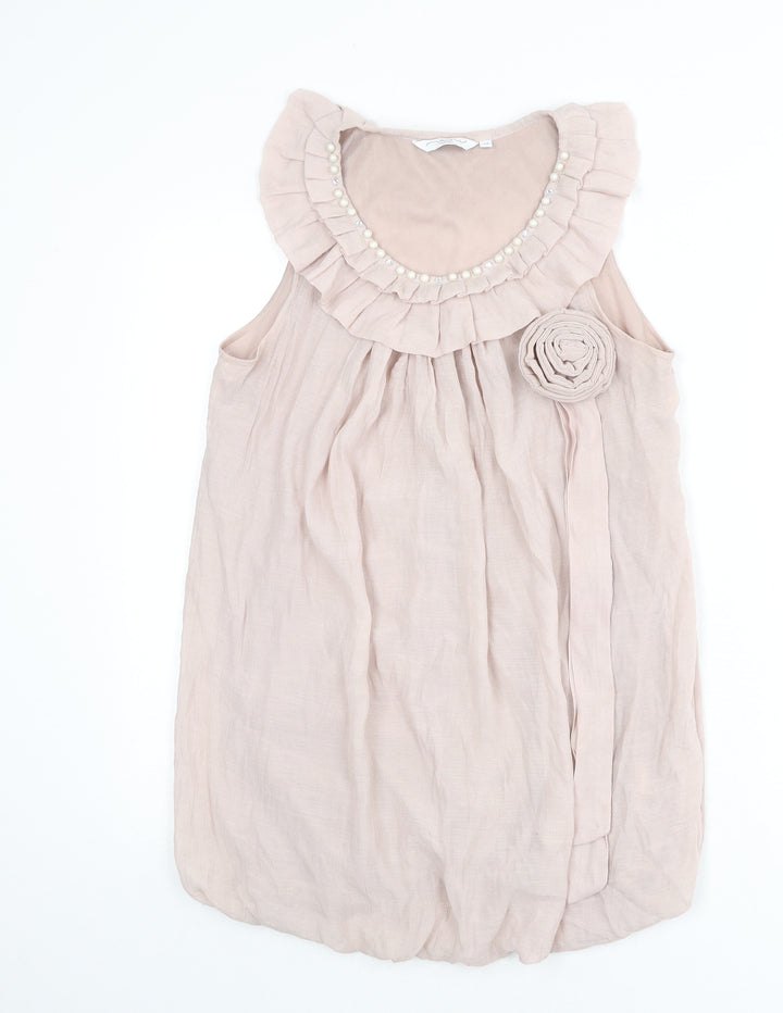 New Look Womens Pink Polyester Mini Size 12 Scoop Neck Pullover - Ruffles, Flower, Beads