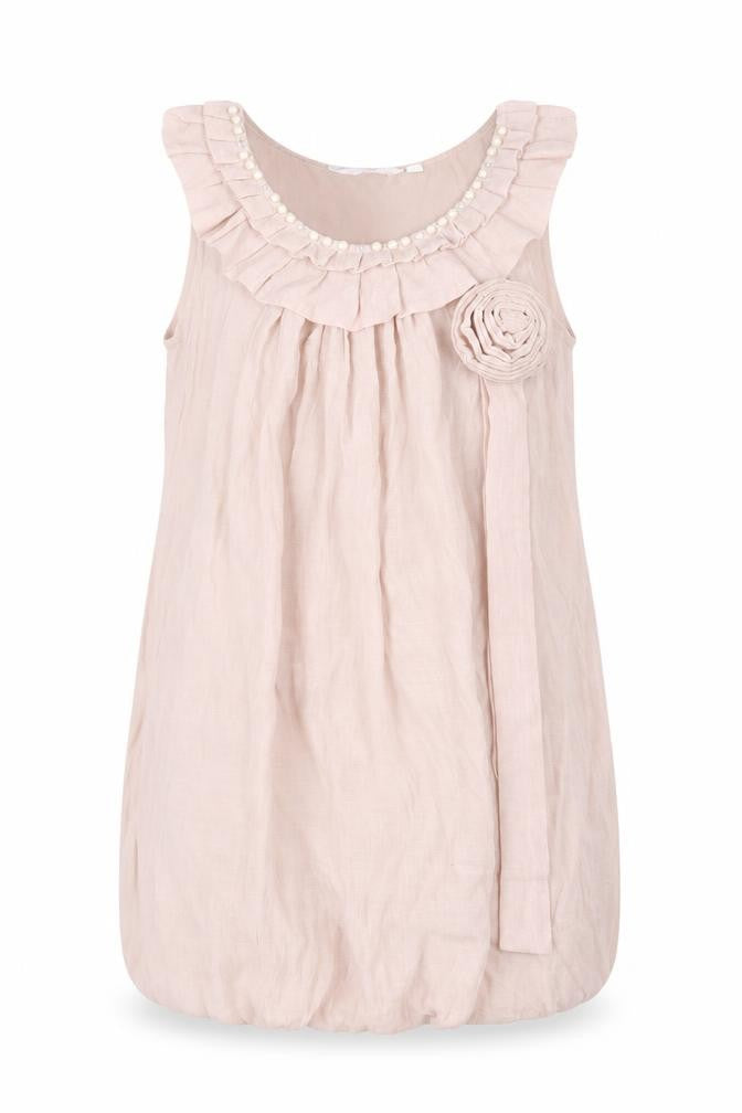 Front view of New Look women’s pink polyester mini, size UK 12, scoop neck pullover - ruffles, flower, beads