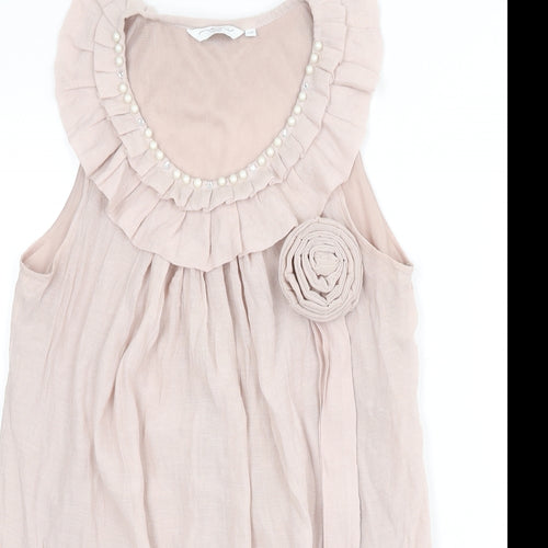 New Look Womens Pink Polyester Mini Size 12 Scoop Neck Pullover - Ruffles, Flower, Beads
