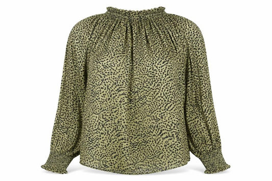 Front view of H&M women’s green geometric polyester basic blouse, size UK 10, mock neck - keyhole cut out