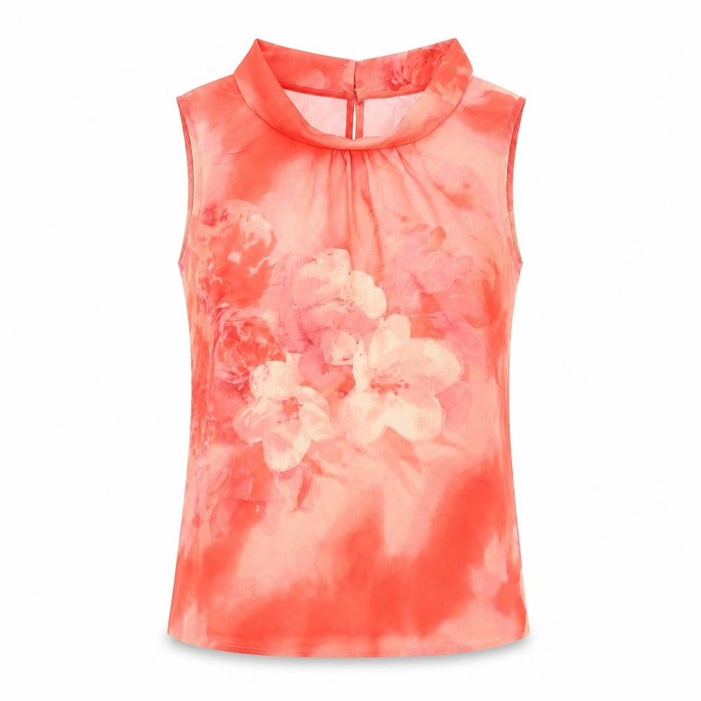 Front view of Debenhams women’s pink floral polyester basic tank, size UK 10, collared