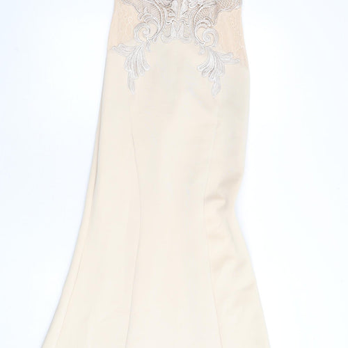 Lipsy Womens Beige Polyester Mermaid Size 8 Round Neck Zip - Embroidered Detail, Lace Detail, Maxi