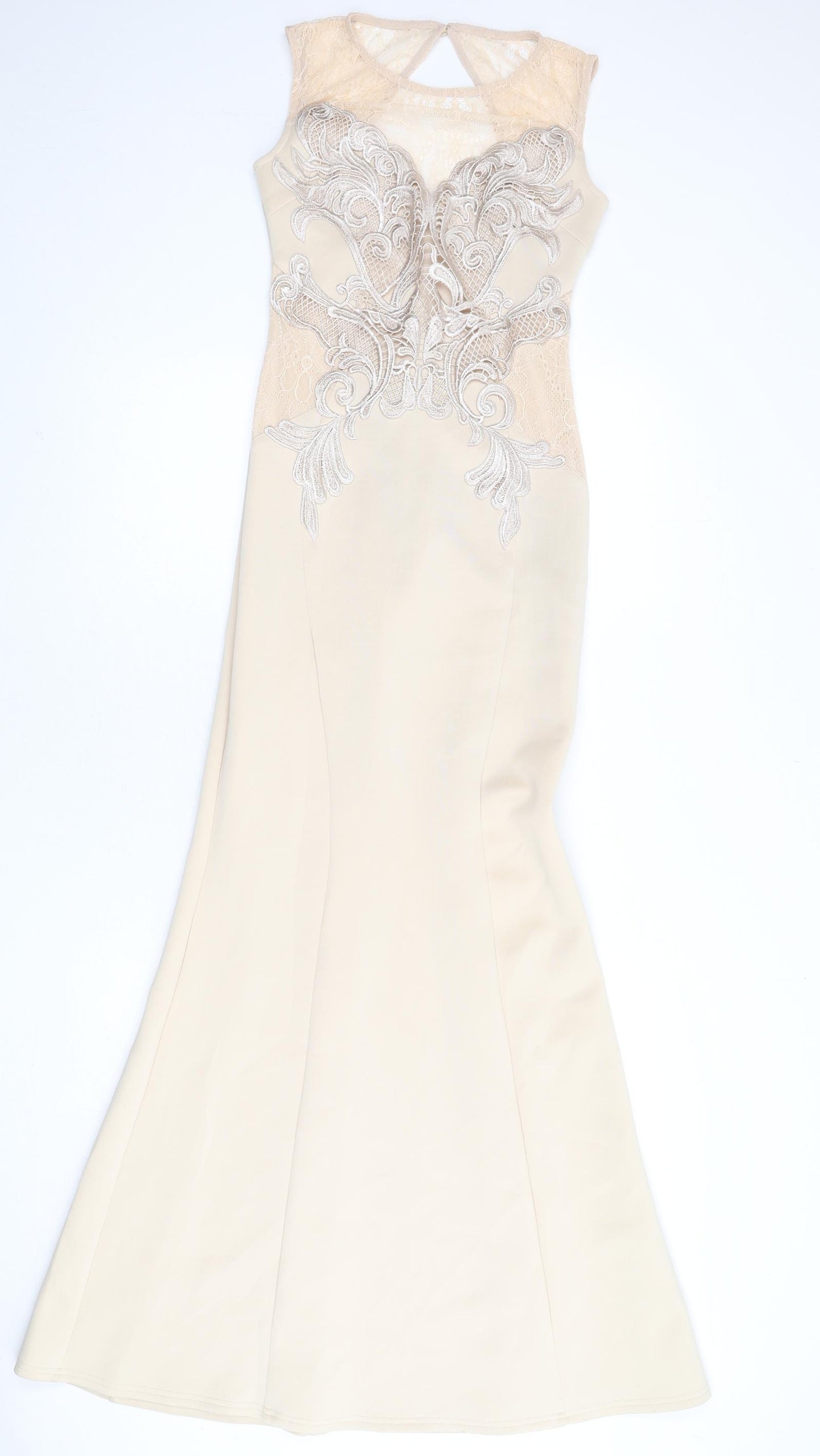 Lipsy Womens Beige Polyester Mermaid Size 8 Round Neck Zip - Embroidered Detail, Lace Detail, Maxi