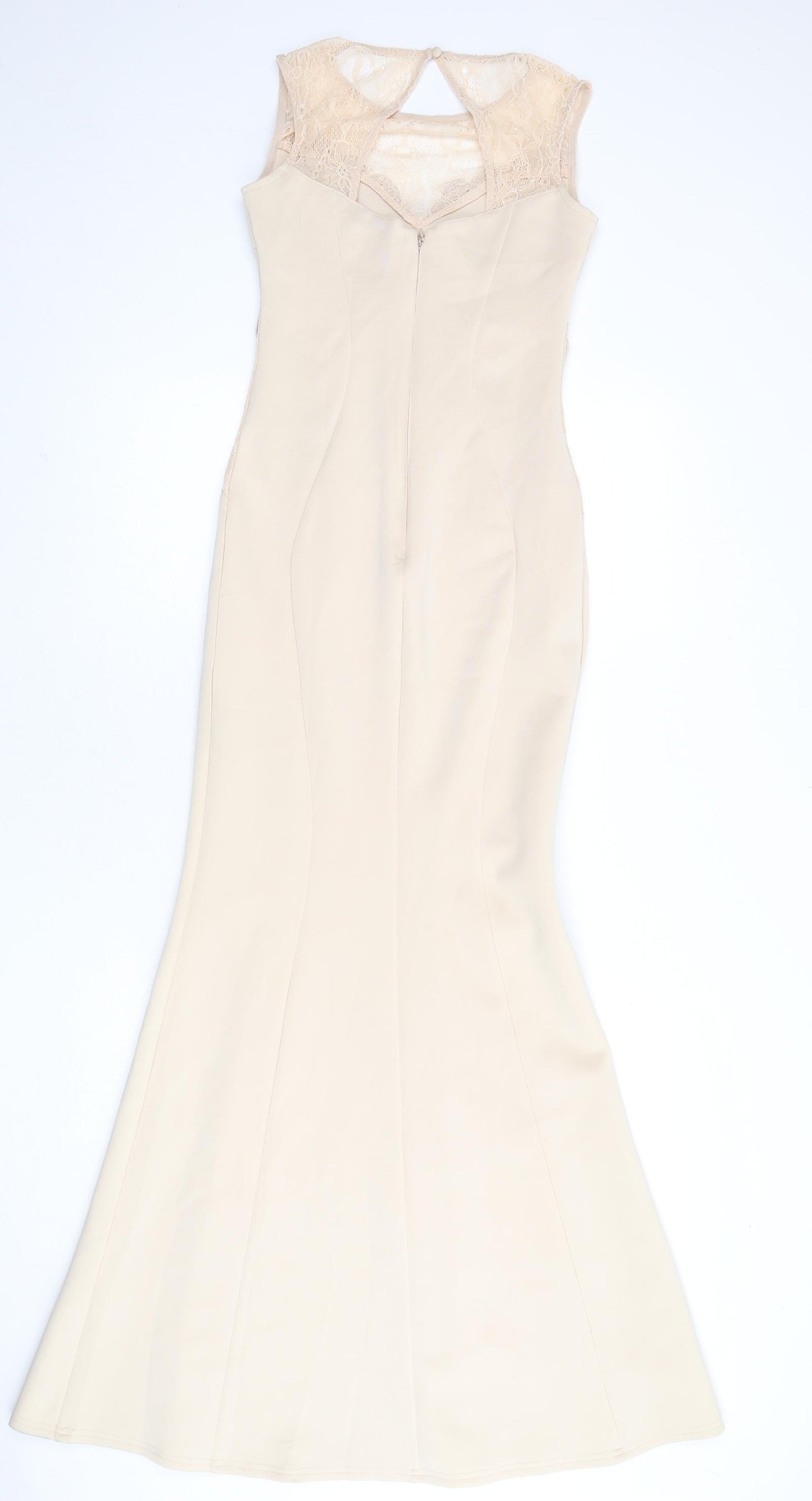 Lipsy Womens Beige Polyester Mermaid Size 8 Round Neck Zip - Embroidered Detail, Lace Detail, Maxi