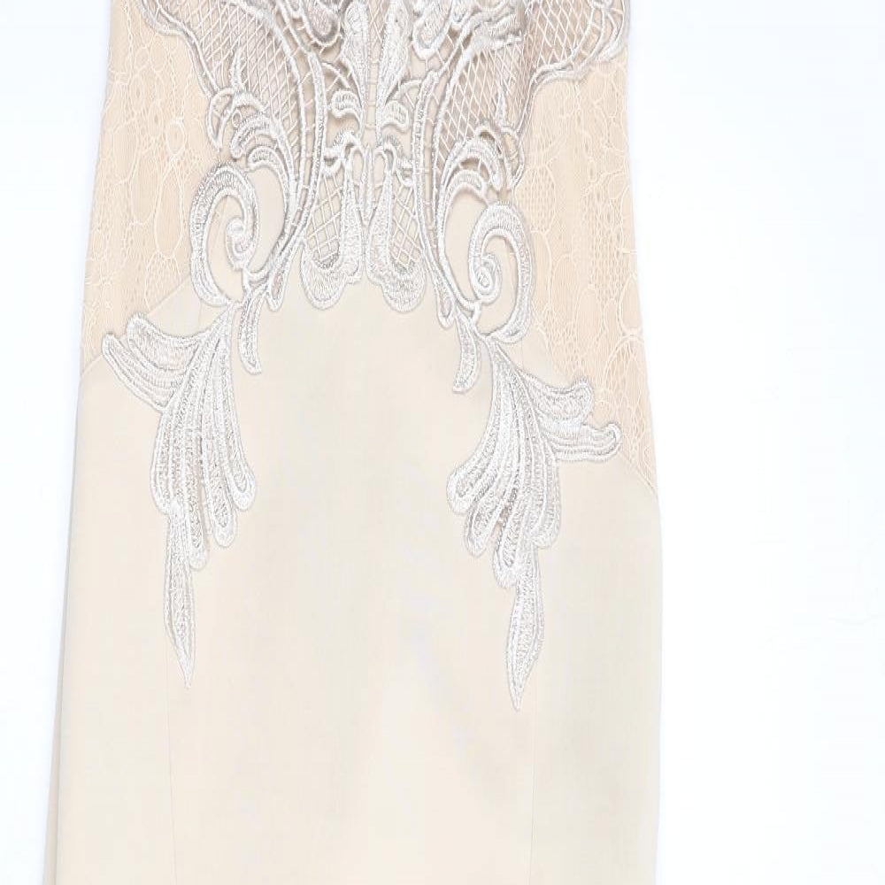 Lipsy Womens Beige Polyester Mermaid Size 8 Round Neck Zip - Embroidered Detail, Lace Detail, Maxi