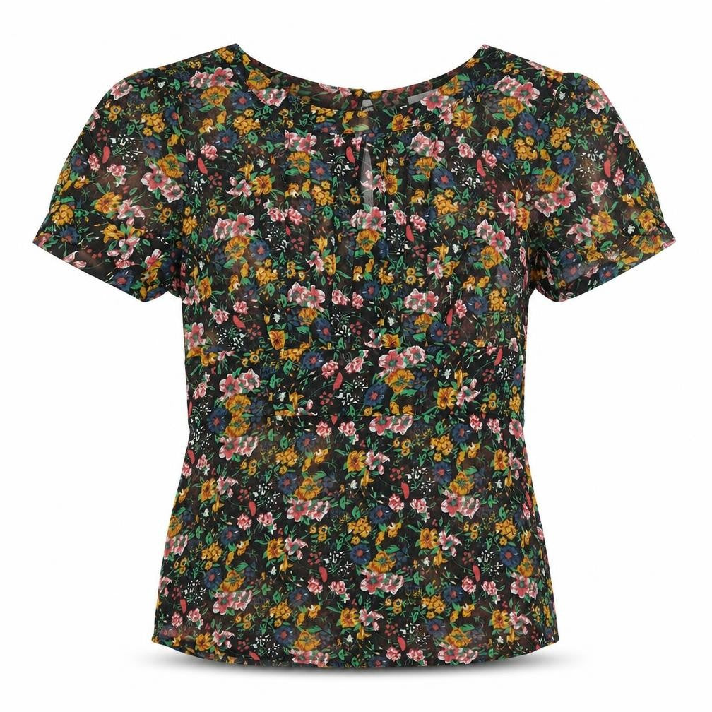 Front view of Kimchi Blue women’s multicoloured floral polyester basic blouse, size M, round neck - semi sheer