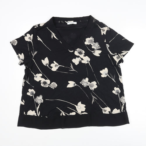 Classic Womens Black Floral Viscose Basic Blouse Size 18 V-Neck