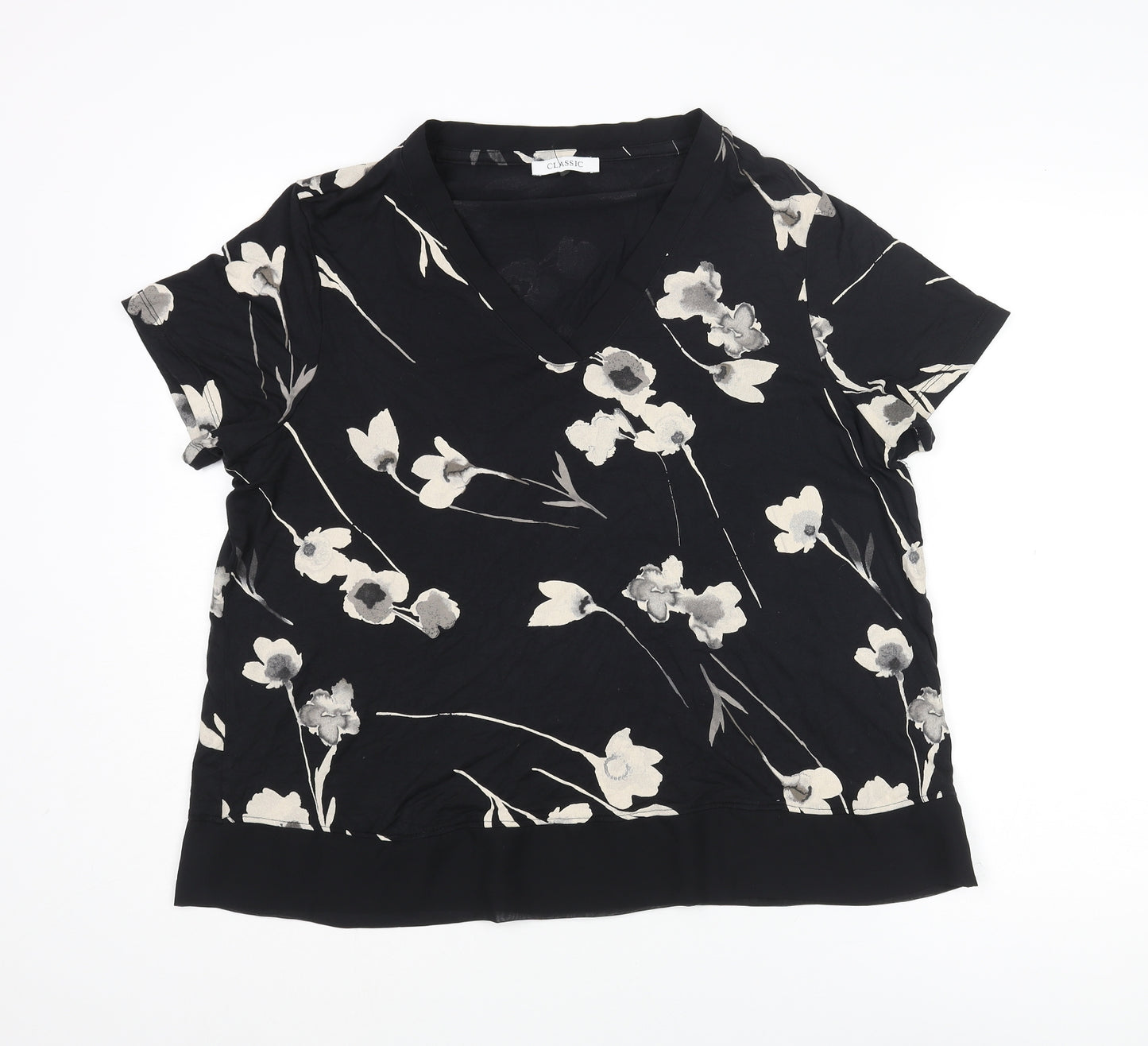 Classic Womens Black Floral Viscose Basic Blouse Size 18 V-Neck