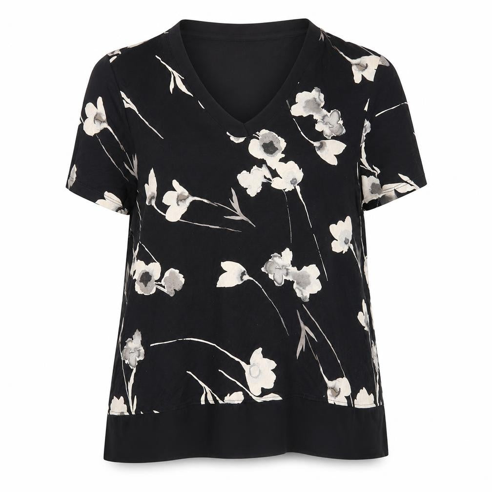 Front view of Classics women’s black floral viscose basic blouse, size UK 18, v-neck