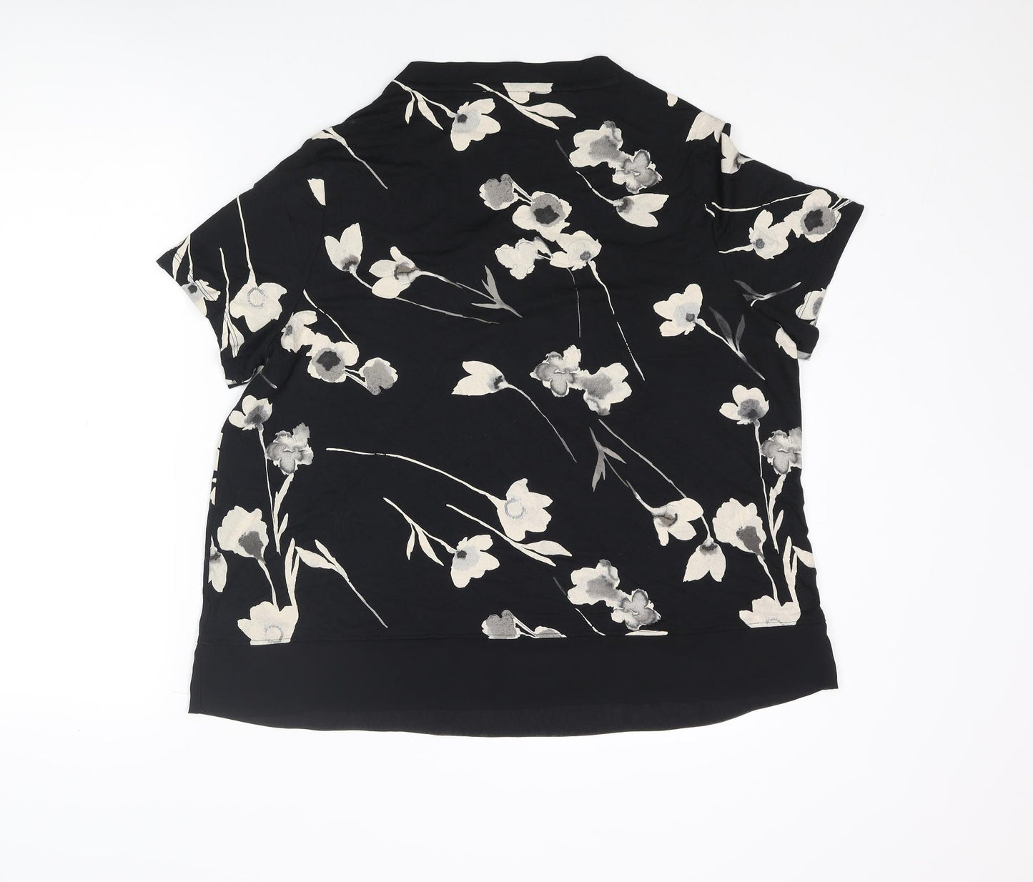 Classic Womens Black Floral Viscose Basic Blouse Size 18 V-Neck