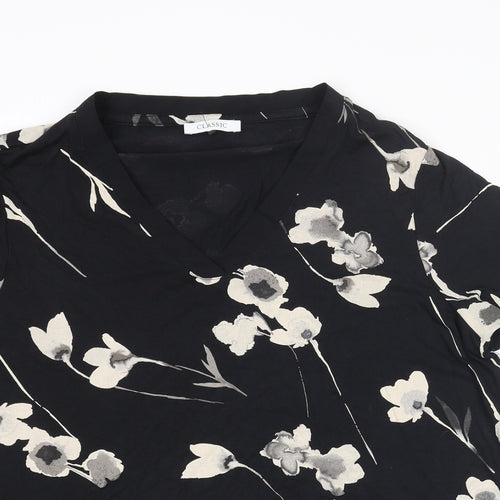Classic Womens Black Floral Viscose Basic Blouse Size 18 V-Neck