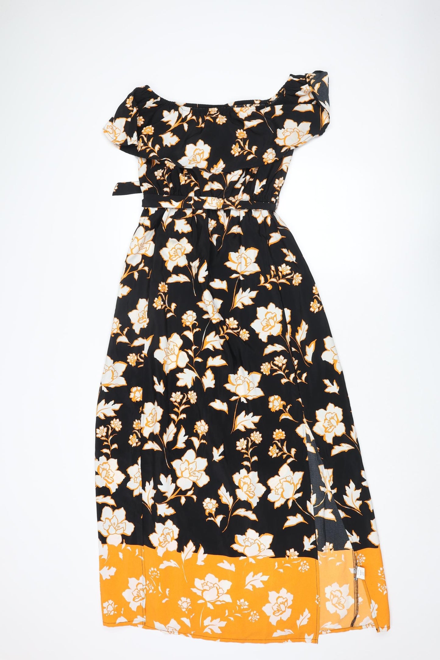 River Island Womens Black Floral Polyester Maxi Size 8 Boat Neck Pullover - Side Slits Belted Frill