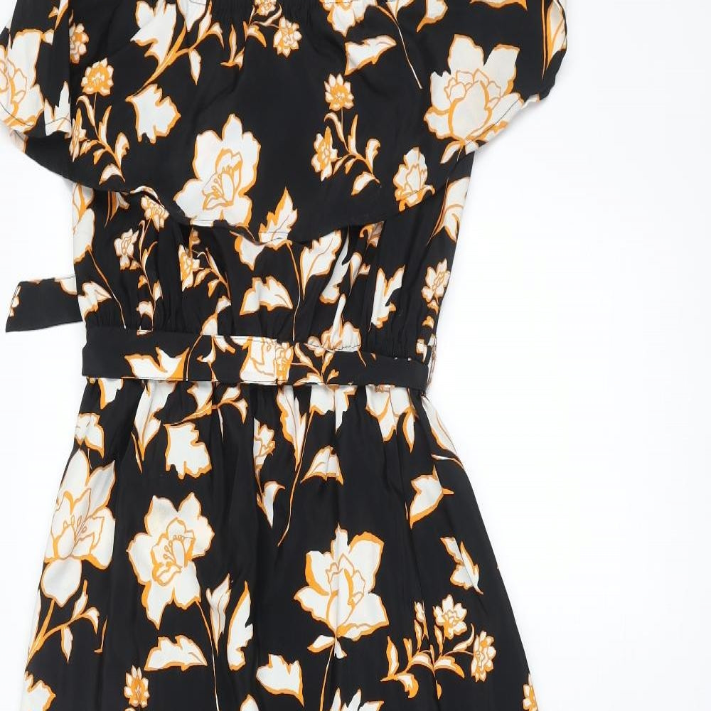 River Island Womens Black Floral Polyester Maxi Size 8 Boat Neck Pullover - Side Slits Belted Frill