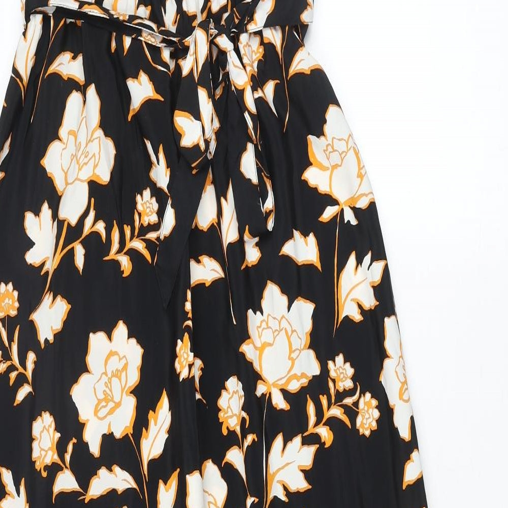 River Island Womens Black Floral Polyester Maxi Size 8 Boat Neck Pullover - Side Slits Belted Frill