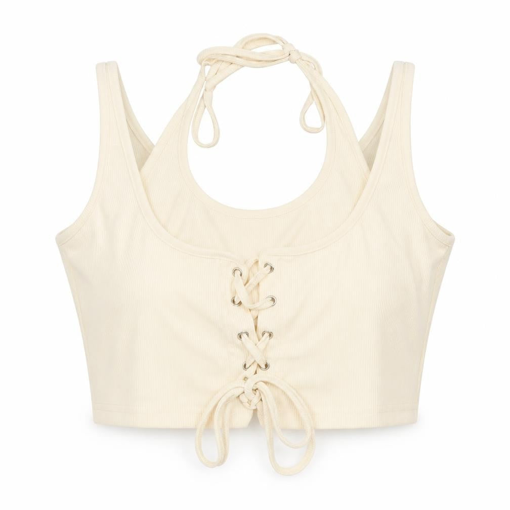 Front view of Cider women’s ivory polyester cropped blouse, size XL, halter - layered corset style