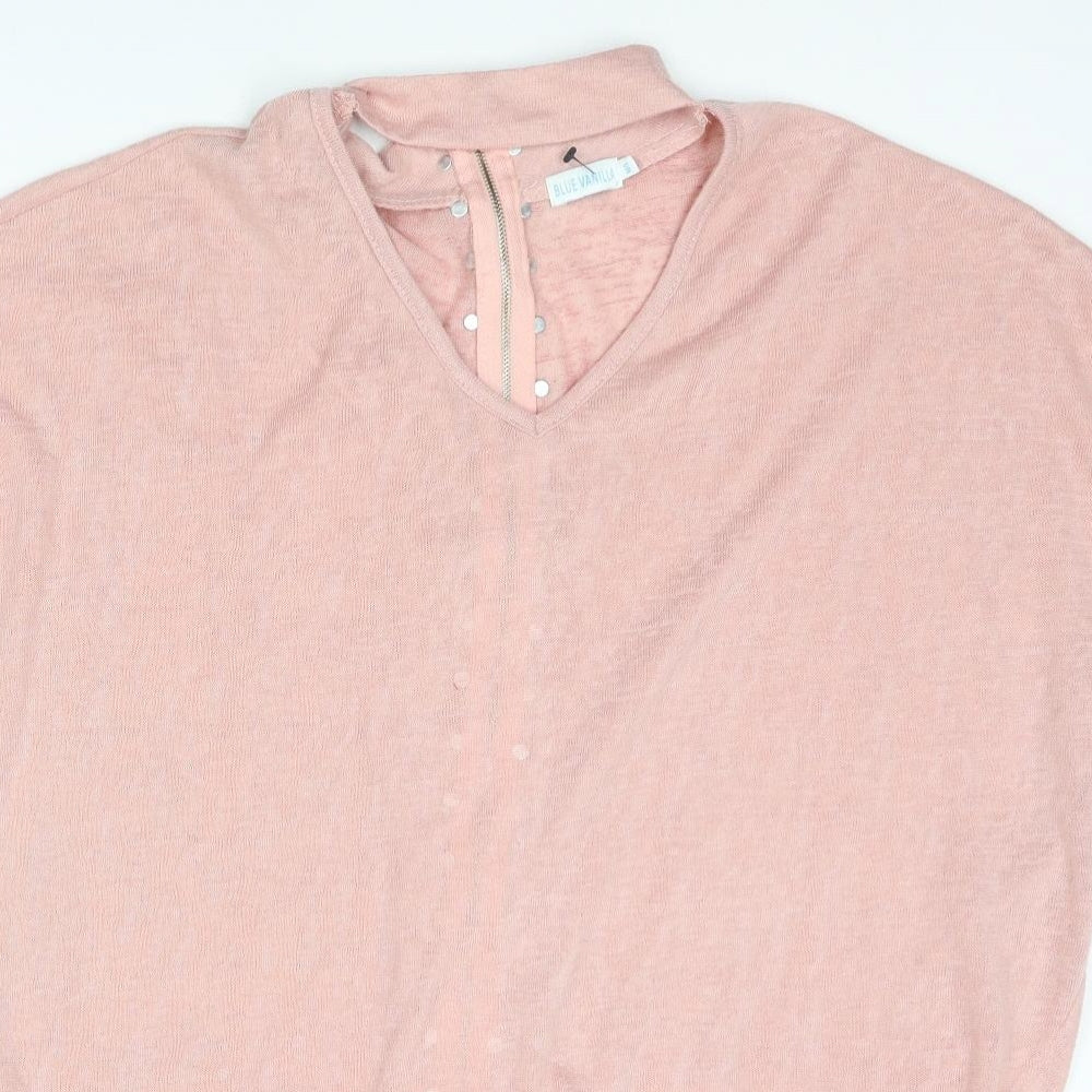 Blue Vanilla Womens Pink V-Neck Polyester Pullover Jumper Size M - Stud Detail Size M-L