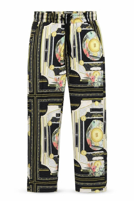 Front view of Fashion Nova men’s multicoloured geometric polyester cropped trousers, size S, 28-inch leg regular drawstring