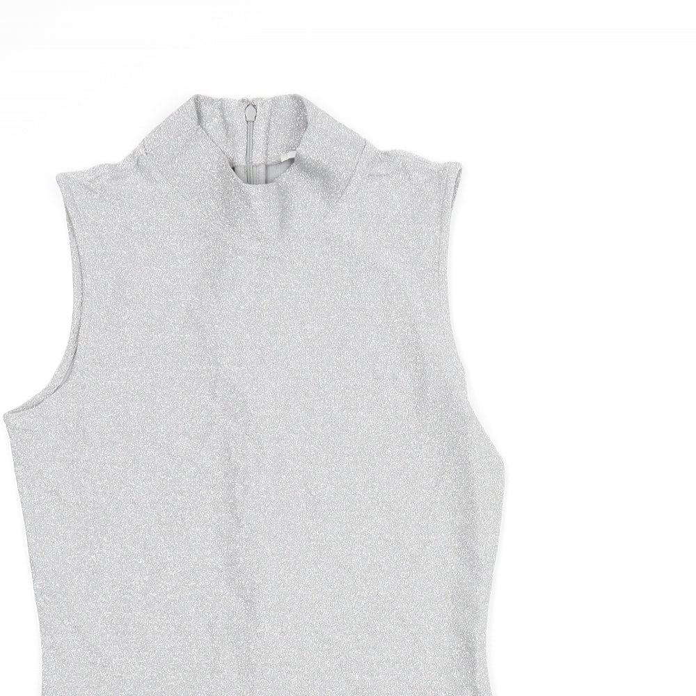 Reiss Womens Silver Viscose Basic Blouse Size XS Mock Neck - Glitter