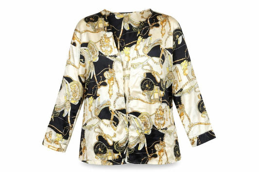 Front view of Boohoo women’s multicoloured geometric polyester kimono blouse, size UK 14, v-neck - chain and carriage pattern