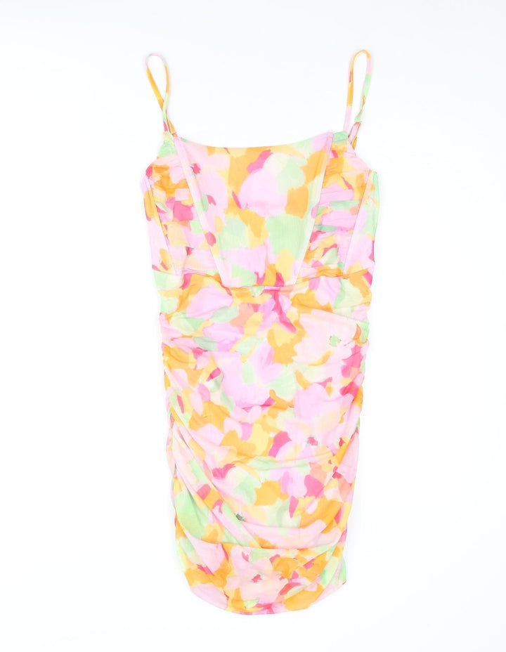 Stradivarius Womens Multicoloured Geometric Polyester Mini Size S Scoop Neck Pullover - Rouched Corset Style