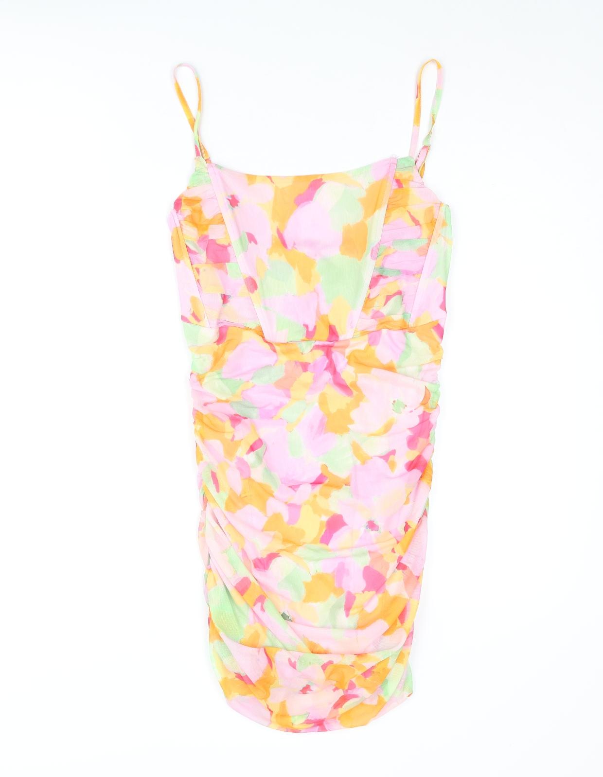 Stradivarius Womens Multicoloured Geometric Polyester Mini Size S Scoop Neck Pullover - Rouched Corset Style