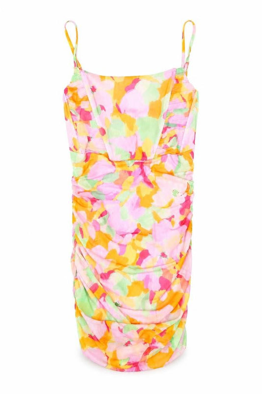 Front view of Stradivarius women’s multicoloured geometric polyester mini, size S, scoop neck pullover - rouched corset style