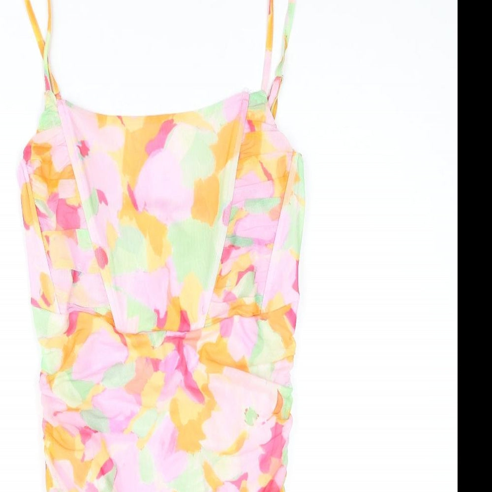 Stradivarius Womens Multicoloured Geometric Polyester Mini Size S Scoop Neck Pullover - Rouched Corset Style
