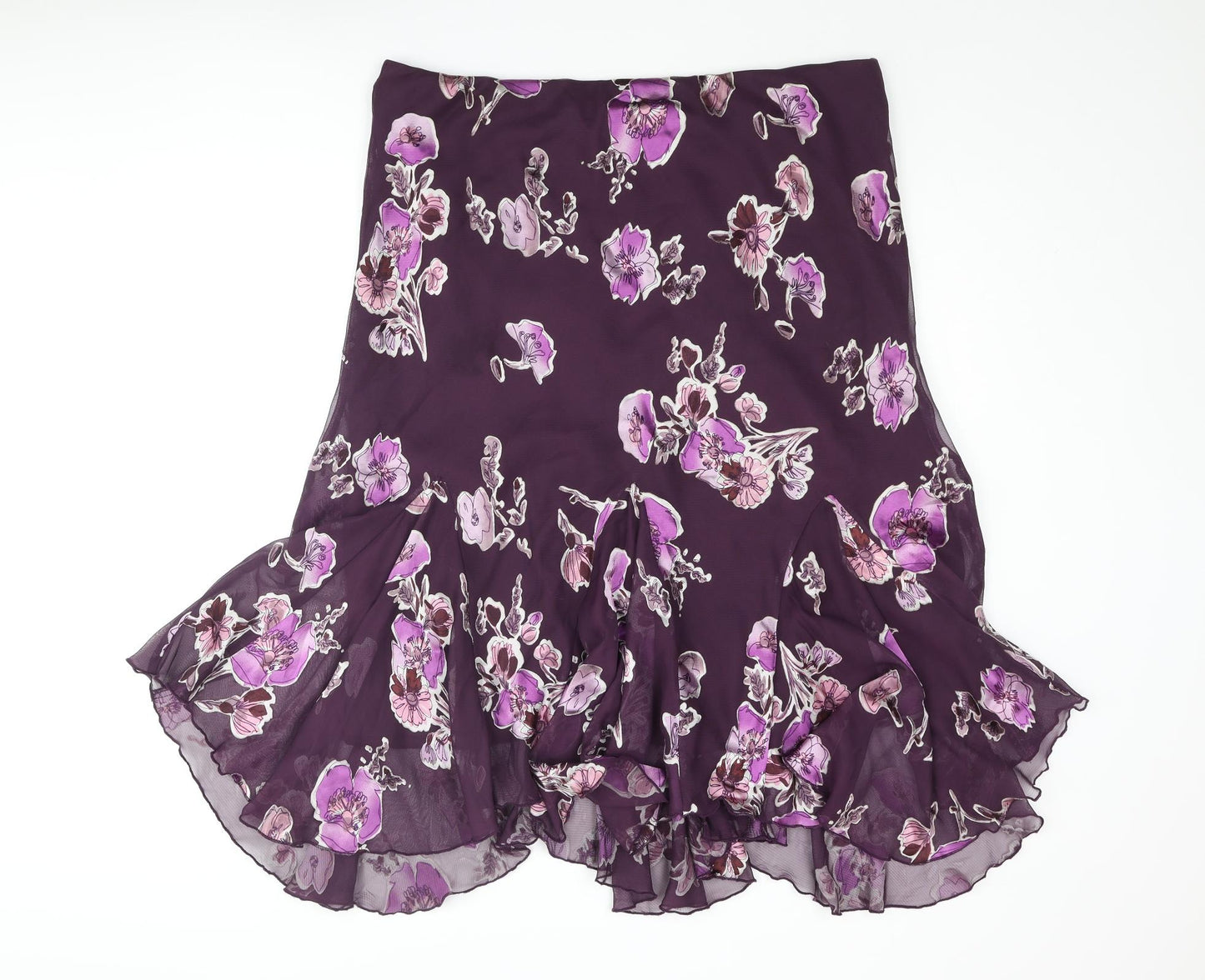 Bonmarché Womens Purple Floral Polyester Trumpet Skirt Size 18 - Asymmetric Hem