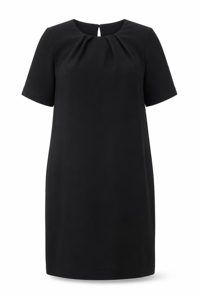 Front view of Marks & Spencer women’s black polyester shift, size UK 12, round neck button