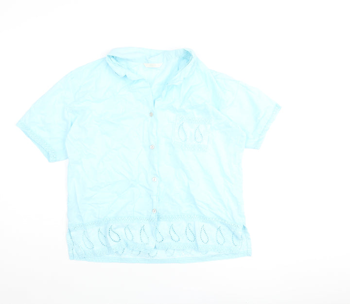 Marks and Spencer Womens Blue Cotton Basic Blouse Size 10 Collared - Lace Detail