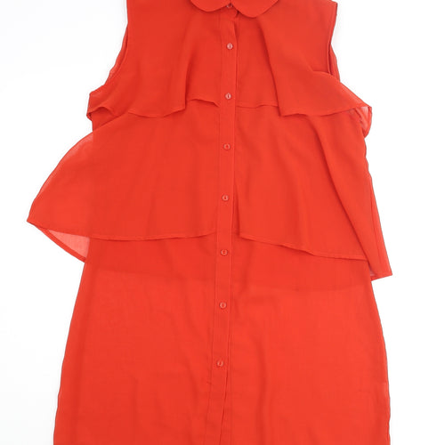 Glamorous Womens Red Polyester Tunic Blouse Size 12 Collared - Layered Frill Semi Sheer