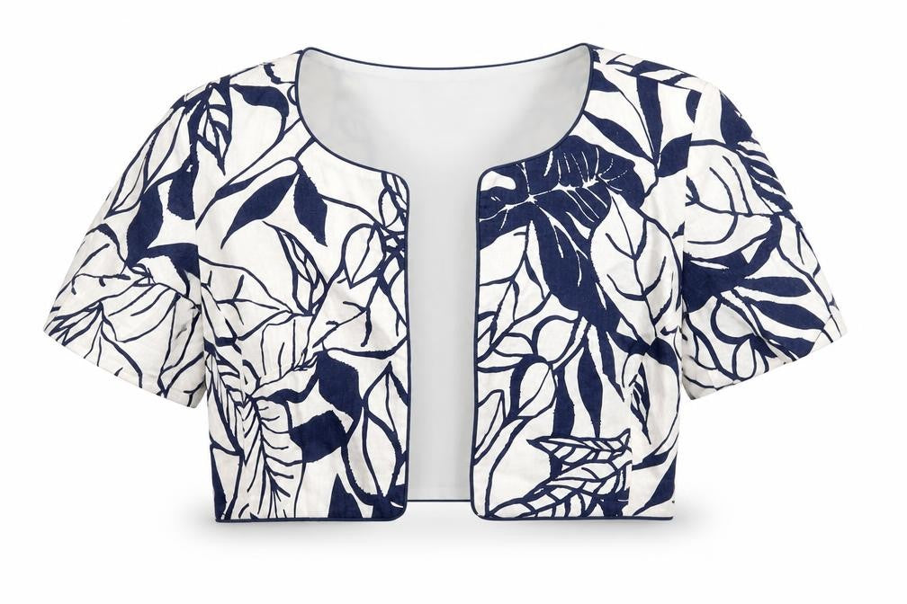 Front view of Pomodoro women’s blue geometric jacket coat, size UK 12, - plant print