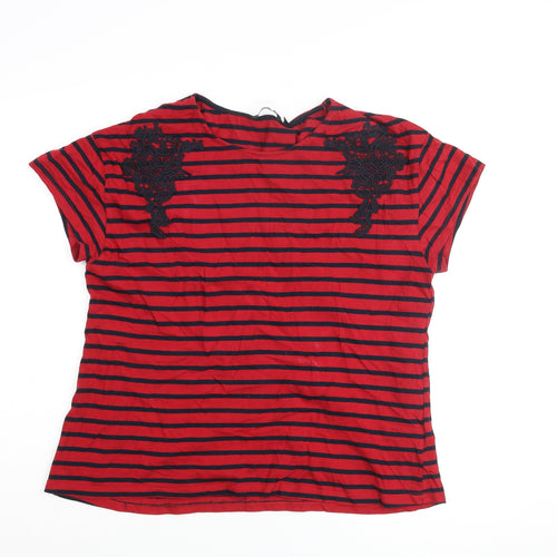 Fig Womens Red Striped Polyester Basic T-Shirt Size XL Round Neck - Embroidered Detail