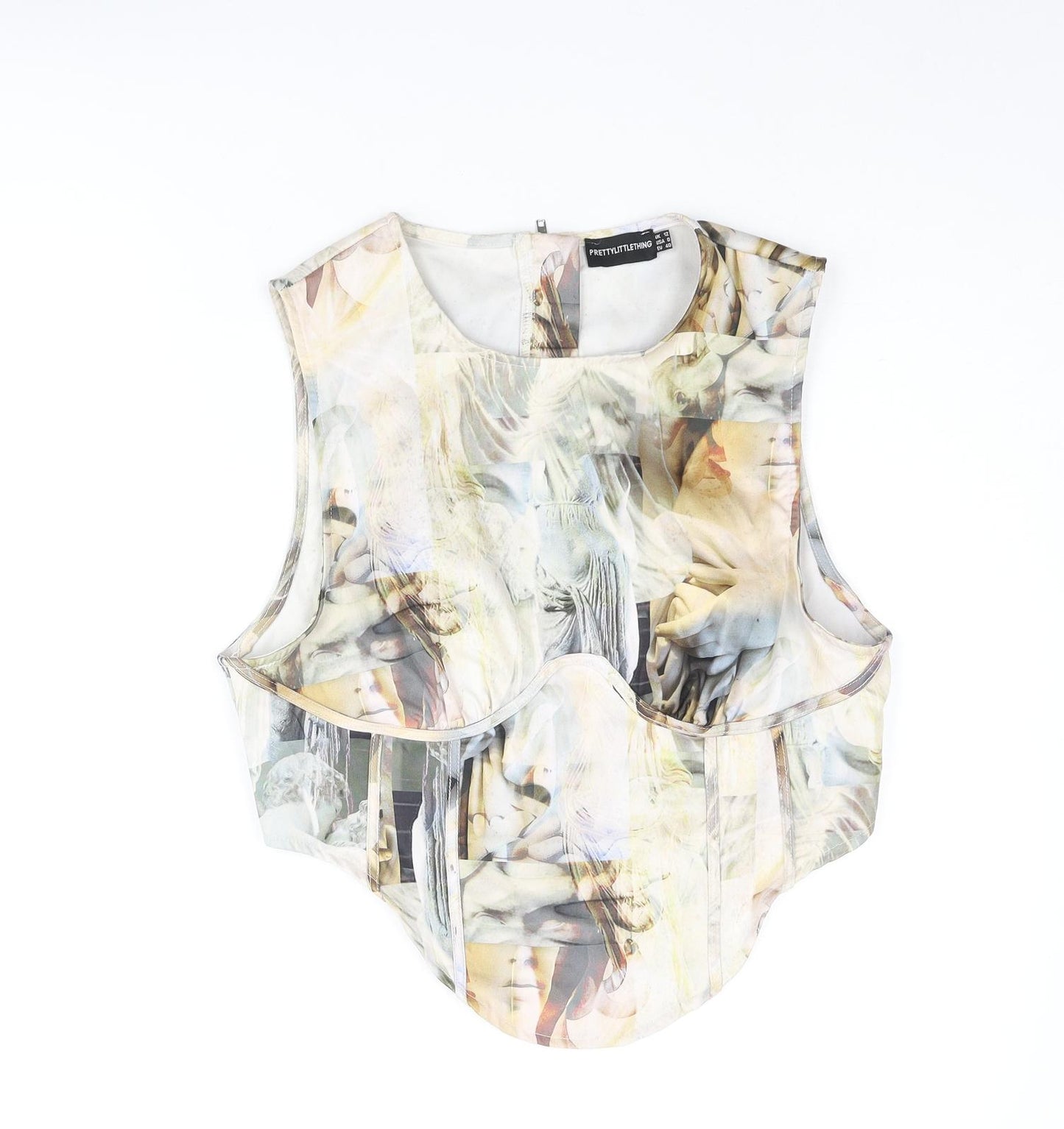 PRETTYLITTLETHING Womens Multicoloured Geometric Polyester Basic Blouse Size 12 Round Neck - Corset Style Statue Print