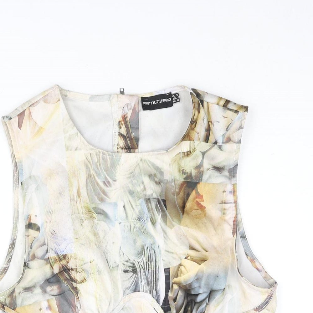PRETTYLITTLETHING Womens Multicoloured Geometric Polyester Basic Blouse Size 12 Round Neck - Corset Style Statue Print