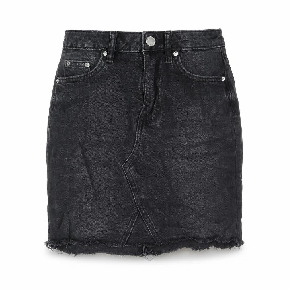 Front view of H&M women’s grey cotton mini skirt, size UK 4, zip - distressed