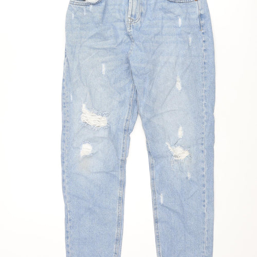 Marks and Spencer Girls Blue Cotton Tapered Jeans Size 13-14 Years L25 in Regular Zip - Distressed Adjustable Wasit